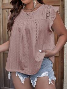 SHEIN LUNE Plus Eyelet Embroidery Ruffle Trim Curved Hem Schiffy Tee - Dusty Pink - View 4