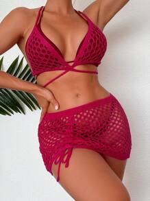 SHEIN Swim 夏季镂空吊带罩衫套装 - 酒紅色 - 查看 1