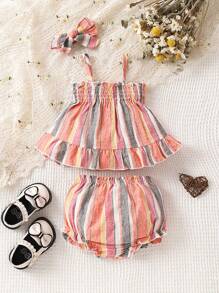 Baby Striped Print Ruffle Hem Cami Top & Shorts & Headband - Multicolor - View 1