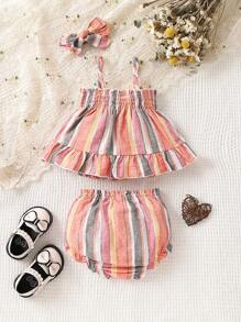 Baby Striped Print Ruffle Hem Cami Top & Shorts & Headband - Multicolor - View 2
