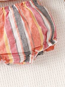 Baby Striped Print Ruffle Hem Cami Top & Shorts & Headband - Multicolor - View 4
