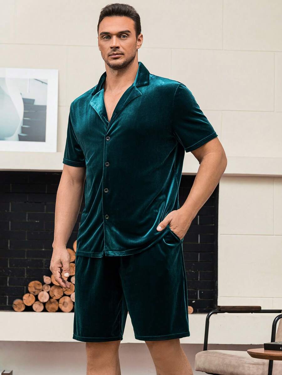 Extended Sizes Men Solid Button Front Lapel Neck Shirt & Shorts PJ Set - Green - View 1