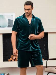 Extended Sizes Men Solid Button Front Lapel Neck Shirt & Shorts PJ Set - Green - View 4