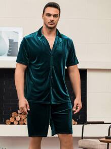Extended Sizes Men Solid Button Front Lapel Neck Shirt & Shorts PJ Set - Green - View 5