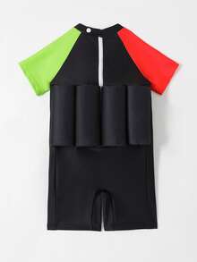 男童卡通圖形拉鍊背浮力泳衣 - 黑色 - 查看 2