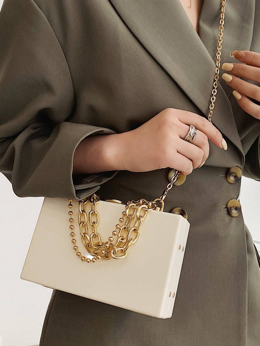 Mini Box Tasche mit Kettenriemen und Drehverschluss - Weiss - Übersicht 1