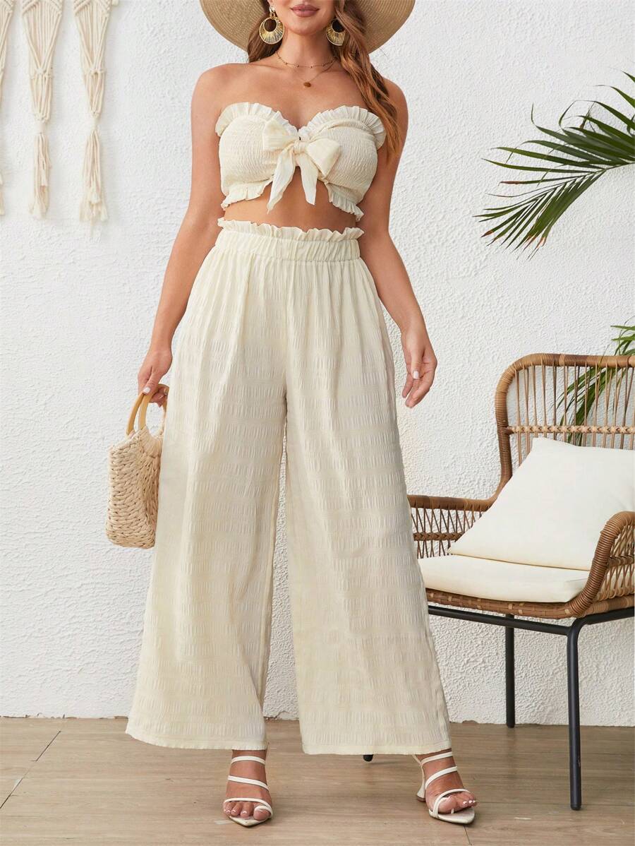 SHEIN 大碼前打結抹胸上衣和闊腿褲 - 杏色 - 查看 1