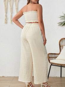 SHEIN 大碼前打結抹胸上衣和闊腿褲 - 杏色 - 查看 2