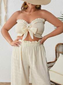 SHEIN 大碼前打結抹胸上衣和闊腿褲 - 杏色 - 查看 3