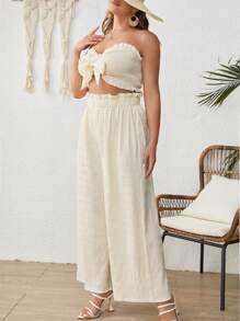 SHEIN 大碼前打結抹胸上衣和闊腿褲 - 杏色 - 查看 4