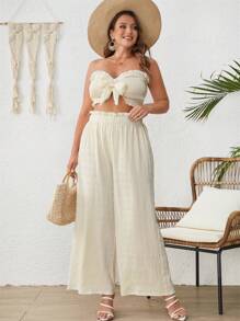 SHEIN 大碼前打結抹胸上衣和闊腿褲 - 杏色 - 查看 5