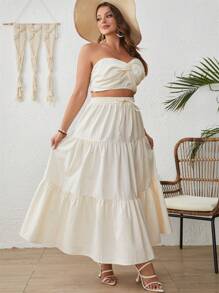 SHEIN VCAY Top bandeau girante delantero & Falda bajo con fruncido - Beis - Ver 2