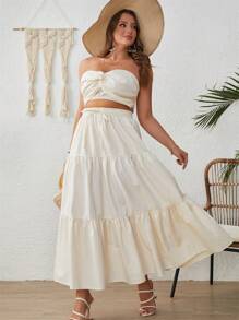 SHEIN VCAY Top bandeau girante delantero & Falda bajo con fruncido - Beis - Ver 5