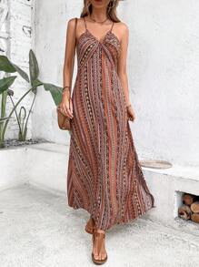 Breezaya 幾何印花高衩吊帶連衣裙 - 棕色 - 查看 4