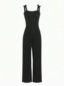 SHEIN Explorewe 少女純色吊帶連體褲，夏季涼感，經典款式，高腰設計，舒適透氣 - 黑色 - 查看 1