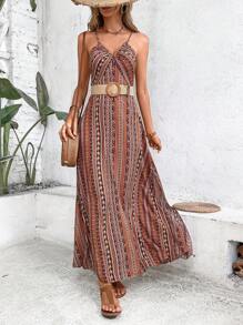 Breezaya 幾何印花高衩吊帶連衣裙 - 棕色 - 查看 5