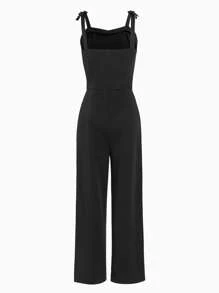 SHEIN Explorewe 少女純色吊帶連體褲，夏季涼感，經典款式，高腰設計，舒適透氣 - 黑色 - 查看 2