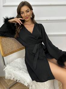 Fuzzy Cuff Belted Robe, Fall Winter - Black - View 5