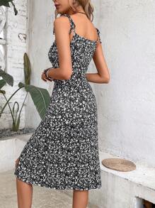 SHEIN VCAY Đầm Thắt nút Tách cao Họa tiết hoa Boho - màu đen - Xem 2