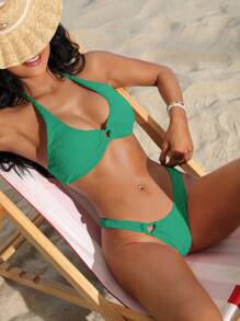 SHEIN Swim Bañador bikini halter vinculado con aro - Verde - Ver 6