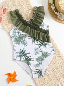 Little Girls' One Piece Swimsuit With Tropical Plant Pattern And Large Ruffled Border - White - View 1