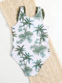 Little Girls' One Piece Swimsuit With Tropical Plant Pattern And Large Ruffled Border - White - View 2