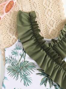 Little Girls' One Piece Swimsuit With Tropical Plant Pattern And Large Ruffled Border - White - View 3