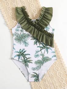 Little Girls' One Piece Swimsuit With Tropical Plant Pattern And Large Ruffled Border - White - View 4