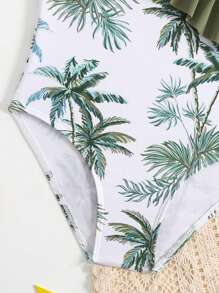Little Girls' One Piece Swimsuit With Tropical Plant Pattern And Large Ruffled Border - White - View 5