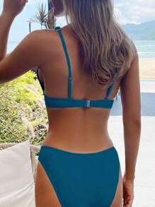 Solid V Neck Bikini Set For Summer Beach - Teal Blue - View 2