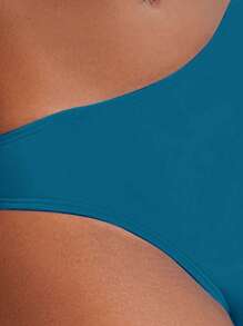 Solid V Neck Bikini Set For Summer Beach - Teal Blue - View 3