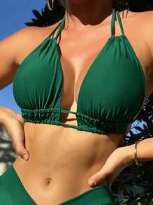 Solid Halter Triangle Bikini Top - Dark Green - View 4
