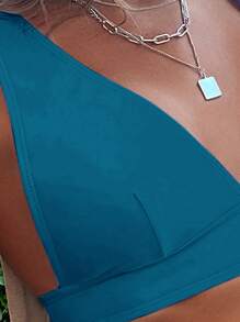 Solid V Neck Bikini Set For Summer Beach - Teal Blue - View 4