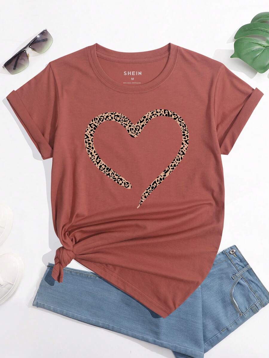 SHEIN LUNE Camiseta con corazón con con estampado de leopardo - Óxido marrón - Ver 1