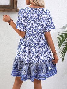 SHEIN VCAY Floral Print Tie Neck Ruffle Hem Dress - Blue and White - View 2