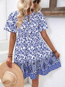 SHEIN VCAY Floral Print Tie Neck Ruffle Hem Dress - Blue and White - View 4