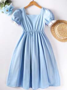 SHEIN Đầm Gái Tranh thêu Khối Màu Dễ thương - Màu xanh lam - Xem 2