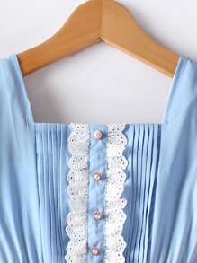 SHEIN Đầm Gái Tranh thêu Khối Màu Dễ thương - Màu xanh lam - Xem 3