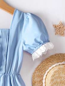 SHEIN Đầm Gái Tranh thêu Khối Màu Dễ thương - Màu xanh lam - Xem 4