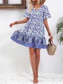 SHEIN VCAY Floral Print Tie Neck Ruffle Hem Dress - Blue and White - View 6