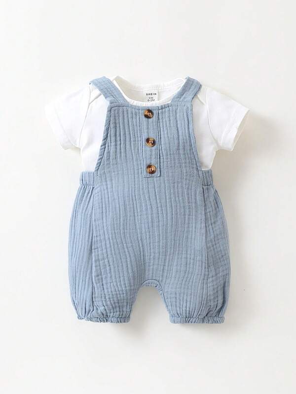 Baby Boy Solid Bodysuit & Button Front Overall Romper