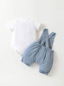 SHEIN Playful Pals Baby Boy Solid & Button Front Overall Romper - Blue and White - View 2