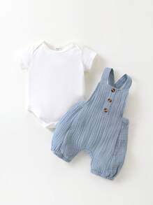 SHEIN Playful Pals Baby Boy Solid & Button Front Overall Romper - Blue and White - View 3