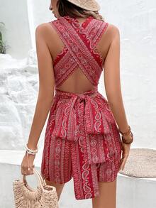 SHEIN VCAY Paisley Print Twist Front Tie Backless Romper - Red - View 3