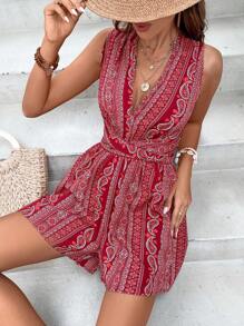 SHEIN VCAY Paisley Print Twist Front Tie Backless Romper - Red - View 6