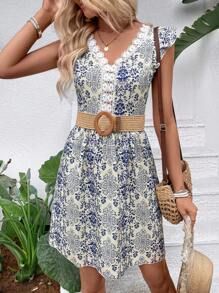 SHEIN VCAY Allover Print Guipure Lace Panel Ruffle Trim Dress - Blue and White - View 1