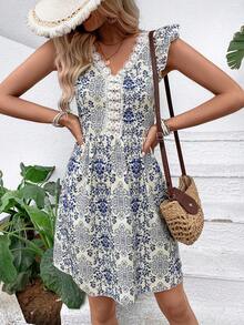 SHEIN VCAY Allover Print Guipure Lace Panel Ruffle Trim Dress - Blue and White - View 6