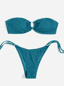 Swim Basics Summer Beach Ring Linked Bandeau Tie Side Bikini Set - Teal Blue - View 1