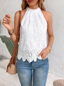 Breezaya Eyelet Embroidery Scallop Trim Halter Neck Blouse