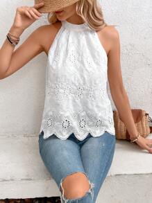Breezaya Eyelet Embroidery Scallop Trim Halter Neck Blouse